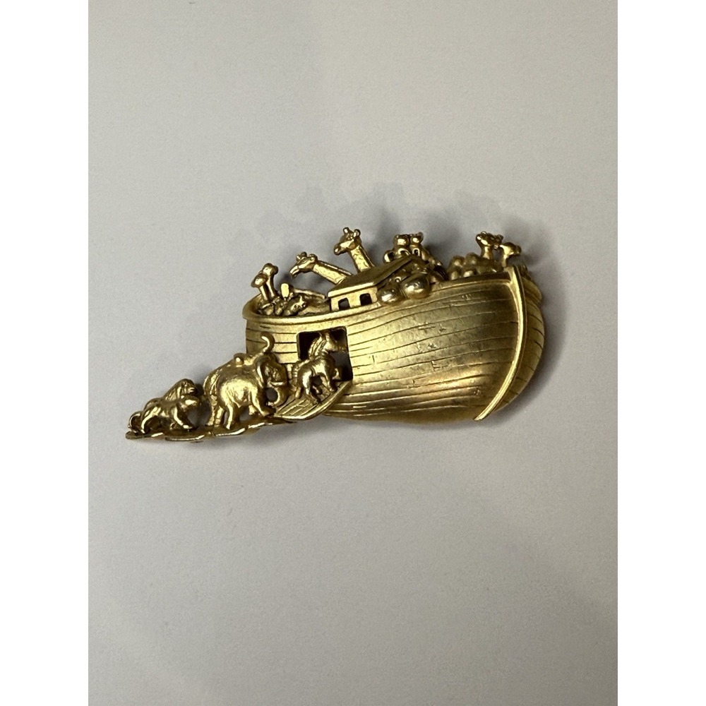 Vintage AJC Noah's Ark Brooch Pin Gold Tone Signed Fashion Jewelry Animals Boat